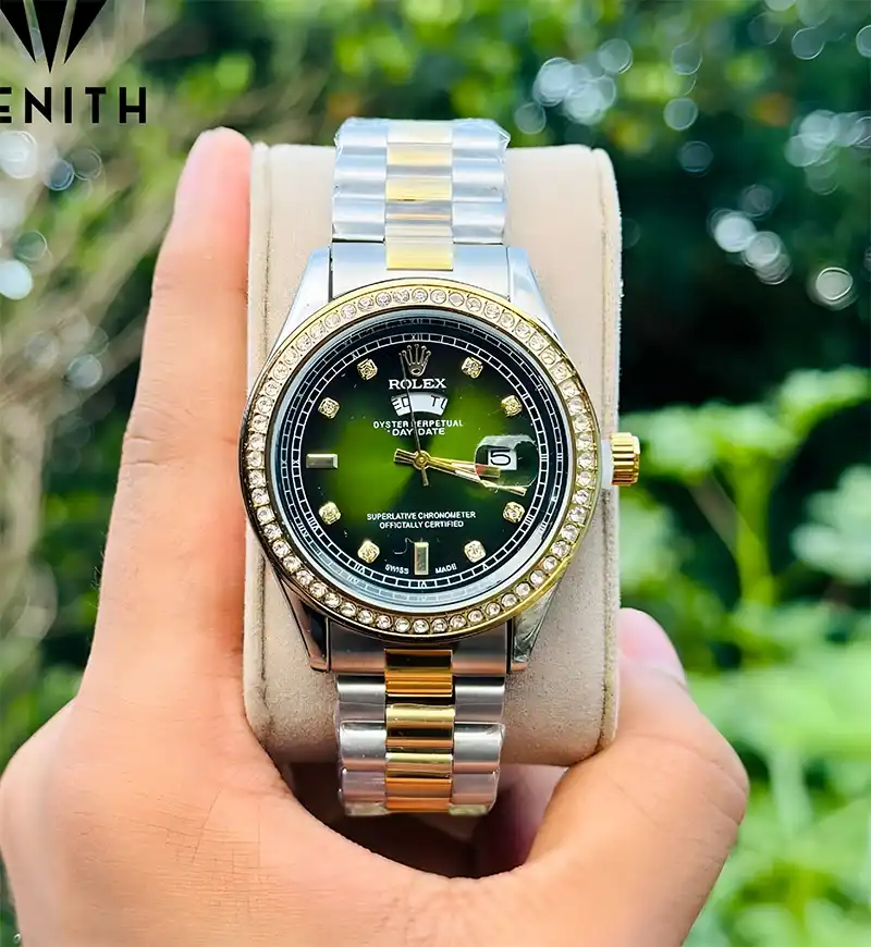 Stainless Steel Rolex Watch | Silver & Gold chain & Inside Green