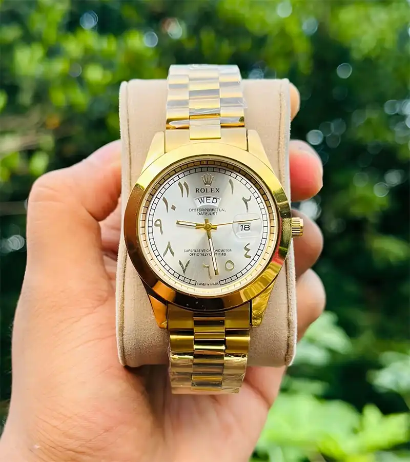 Stainless Steel Rolex Watch | Gold chain & Inside Silver white Arabic
