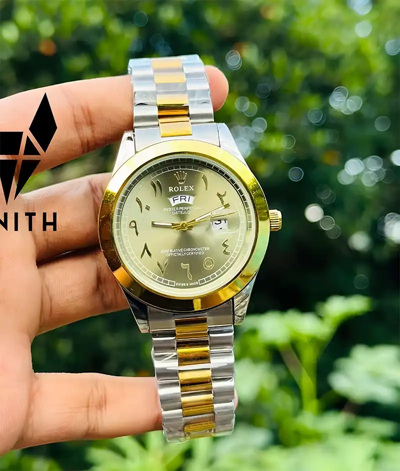 Stainless Steel Rolex Watch | Silver & Gold chain & Inside Golden Green